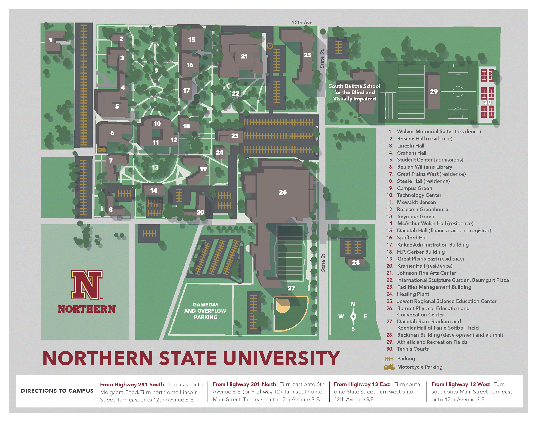 Image of NSU campus and parking locations