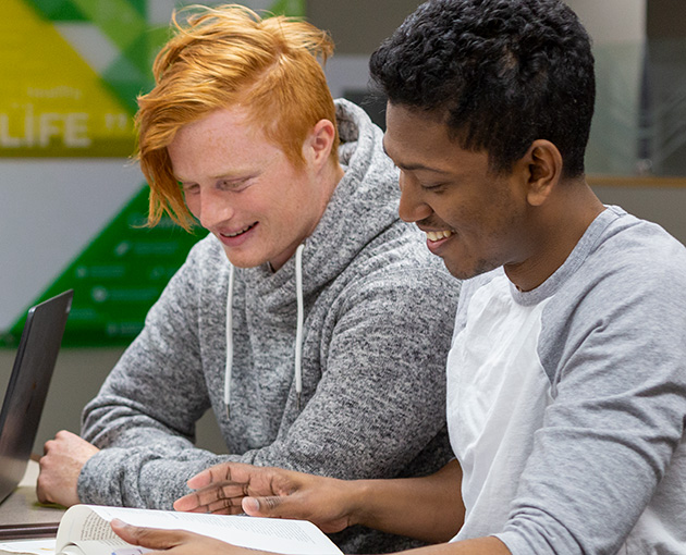 Two students smiling and working together