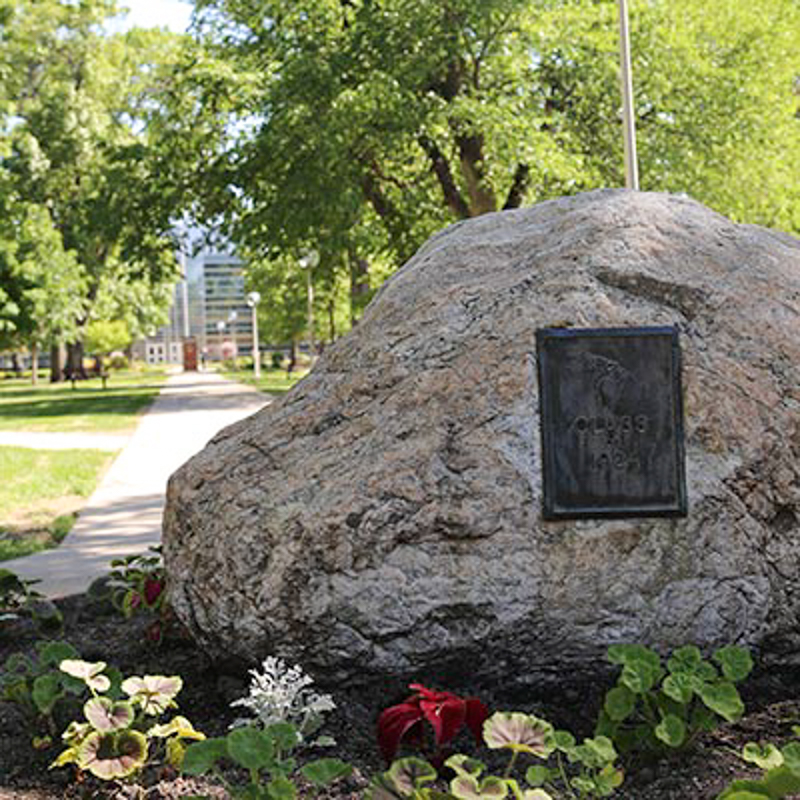 Large rock monument at north campus entrance