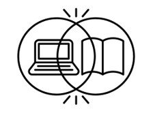 a 2D icon of a laptop and a book between circles