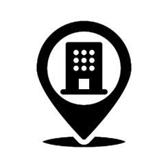 a 2D icon of building in a location pin