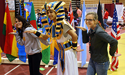 Exchange students pose like ancient Egyptians at the culture fair