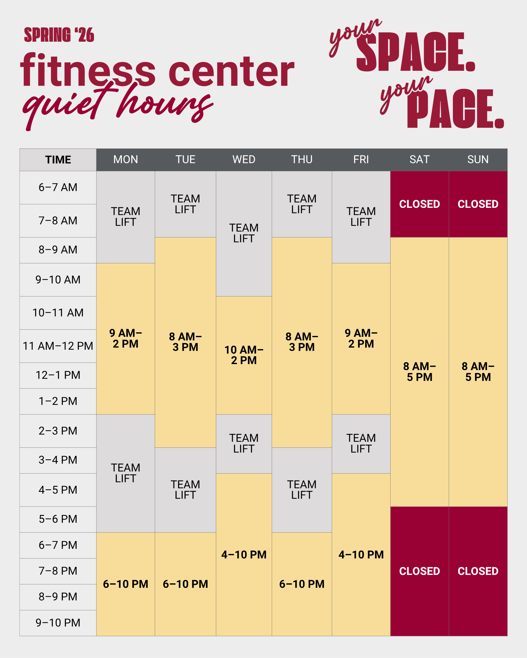 Visual representation of the Fitness Center Hours