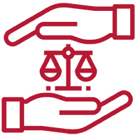 Two hands cupping scales of justice outlined in maroon