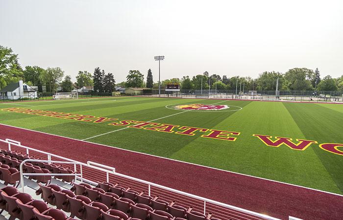 Photo of football field with turf and wolf logo