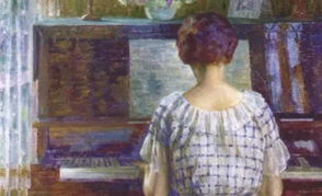 Painting of woman sitting at piano