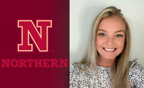NSU logo next to photo of smiling student