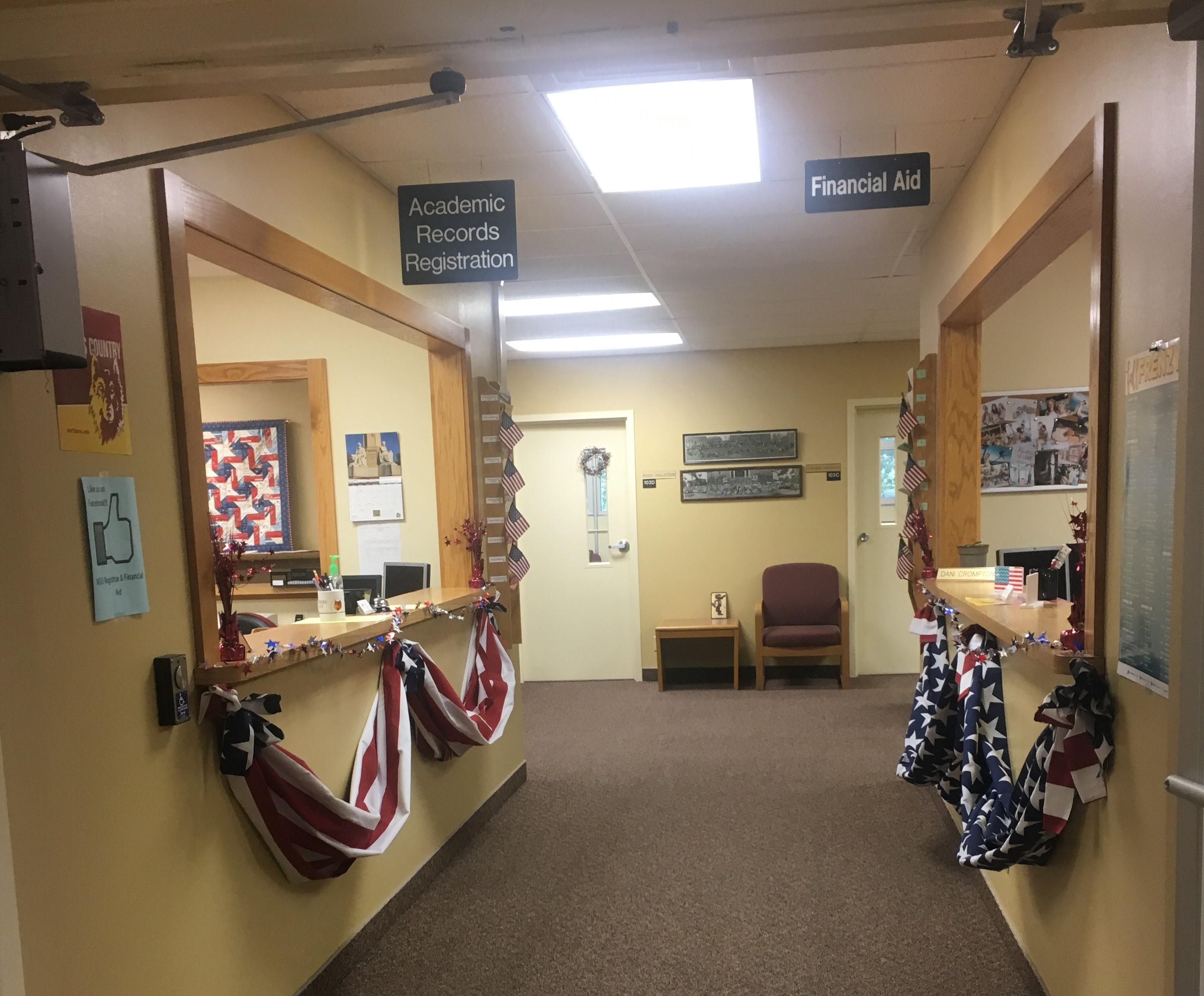 Hallway decorated with American banners