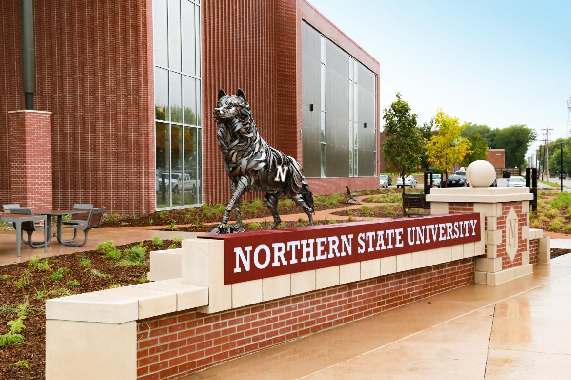 Wolf statue in front of Jewett Regional Science Education Center