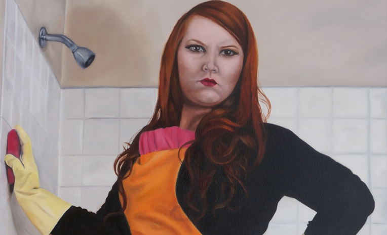 Painting of woman with red hair cleaning a shower
