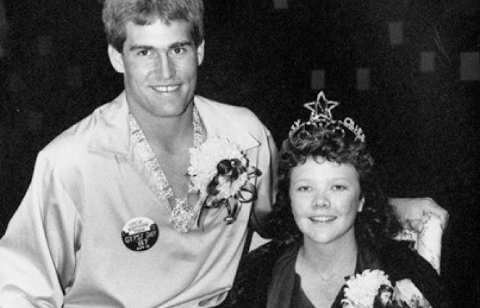 Black and white photo of homecoming king and queen