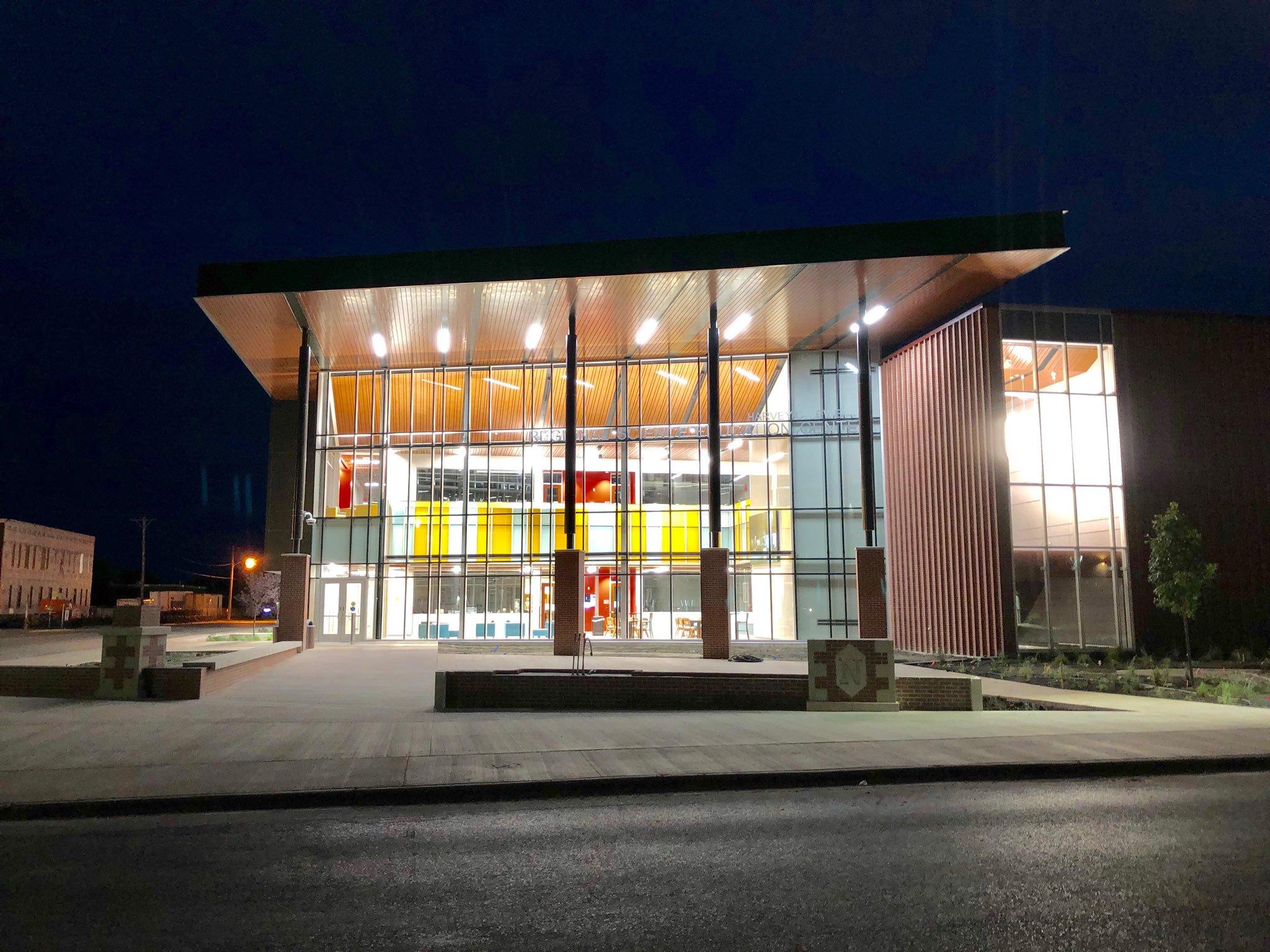 Front view of the Jewett Regional Science Education Center at night