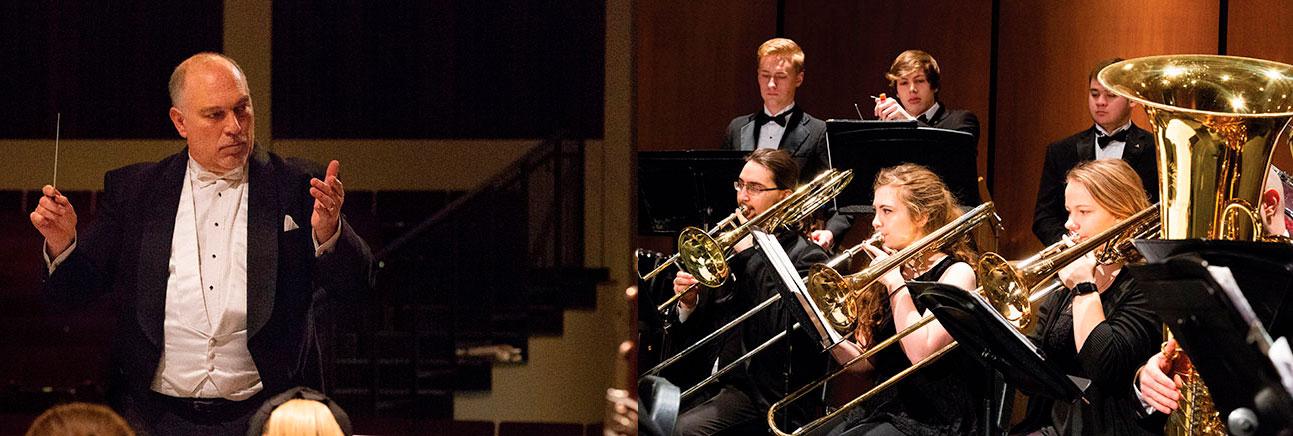 Students in musical ensemble with conducter