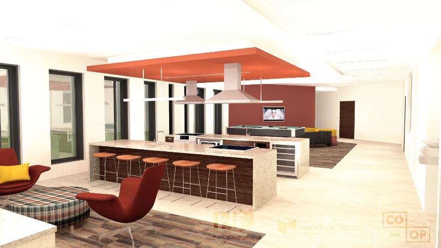 Artist rendering of kitche with several counters and stools