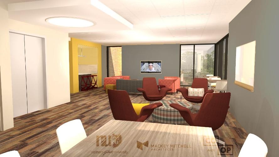 Artist rendering of lounge with chairs and television