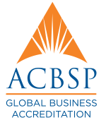 Accreditation Council for Business Schools and Programs, blue letters beneath an orange pyramid
