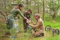 Professor and two students collection samples outdoors