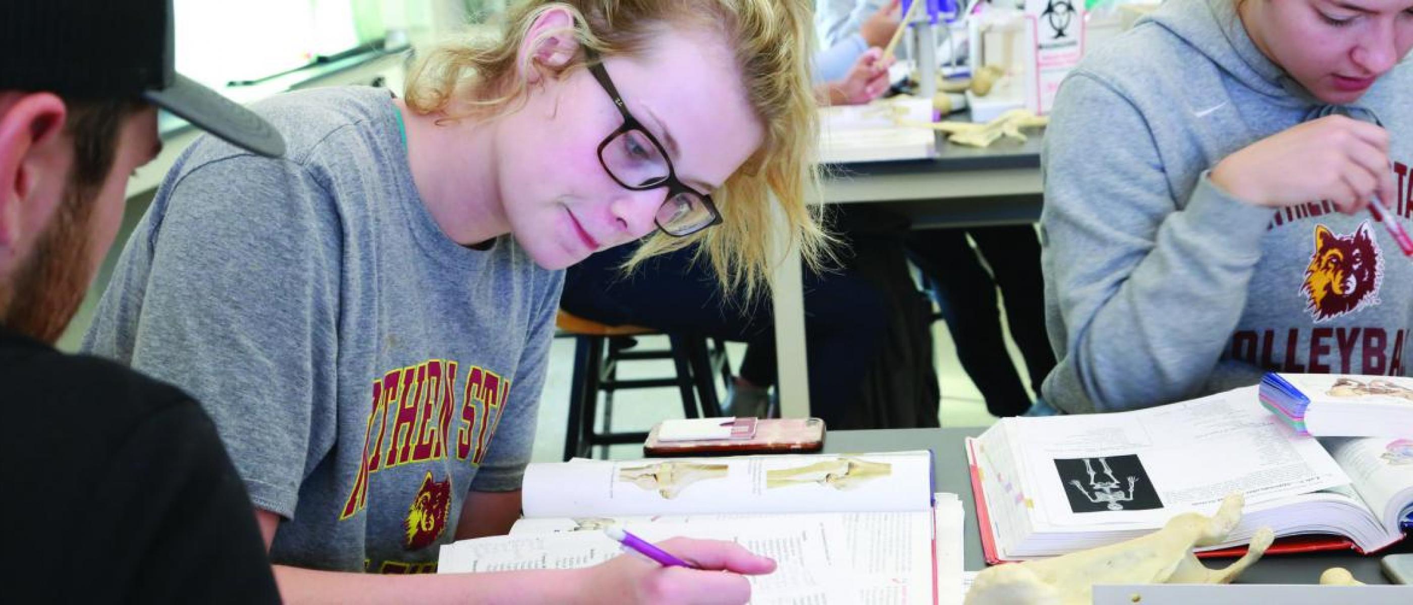 Students working on anatomy homework together in class