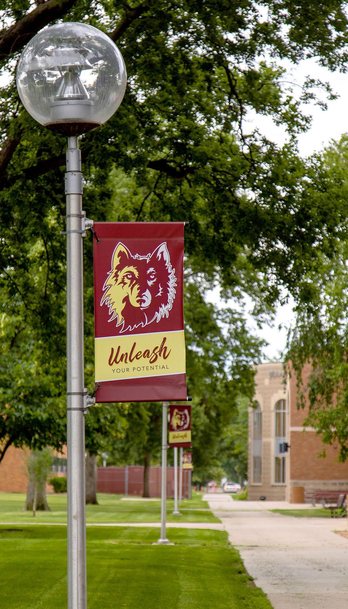 Northern State University Unleash Your Potential banner on an outdoor lamppost