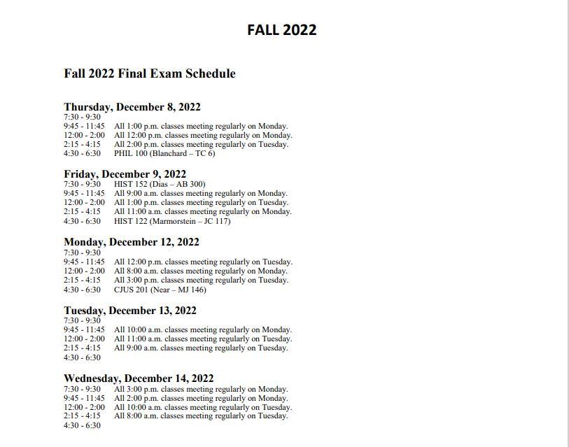 Fall Finals Schedule 2022