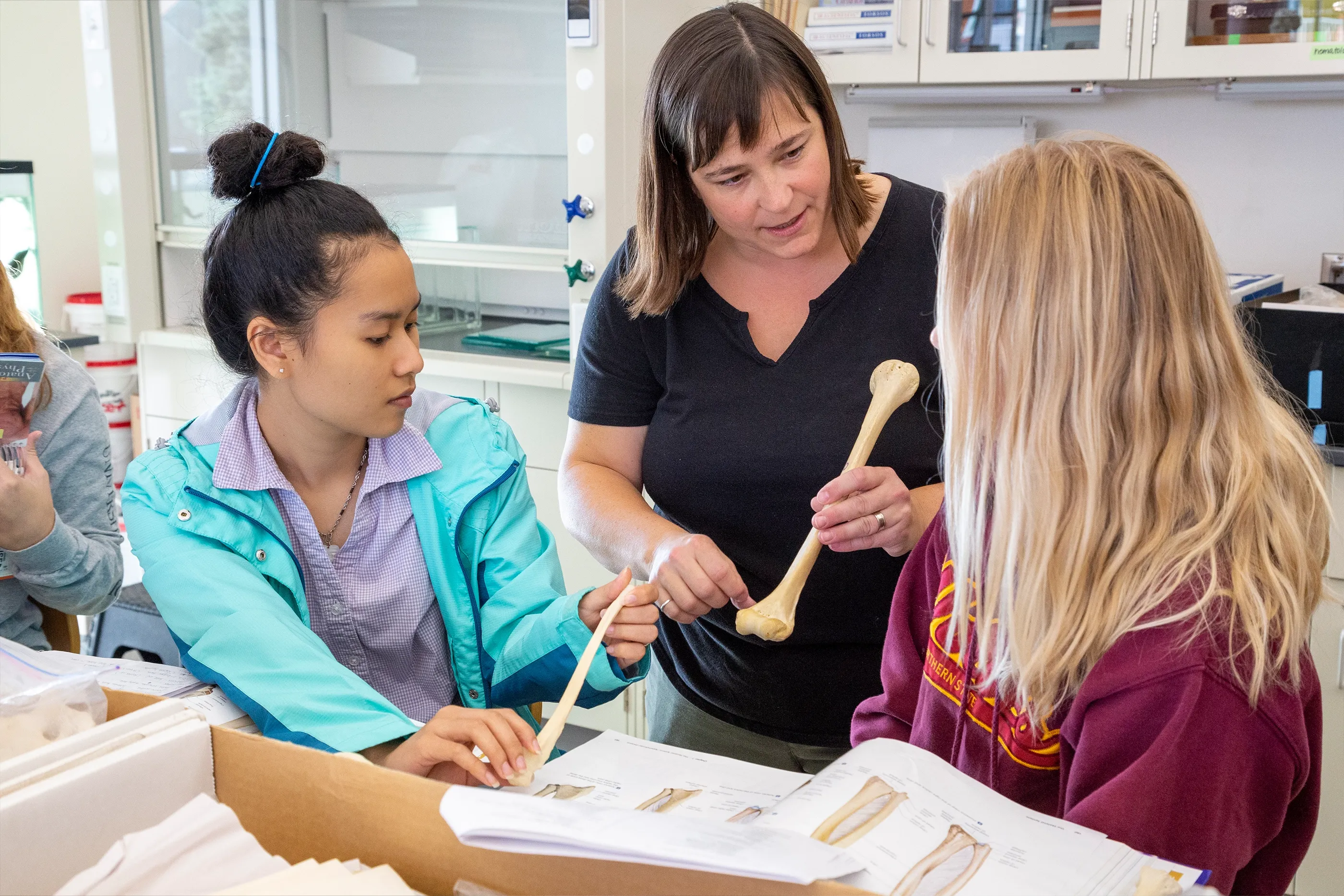 Faculty showing a skeleton to two female students