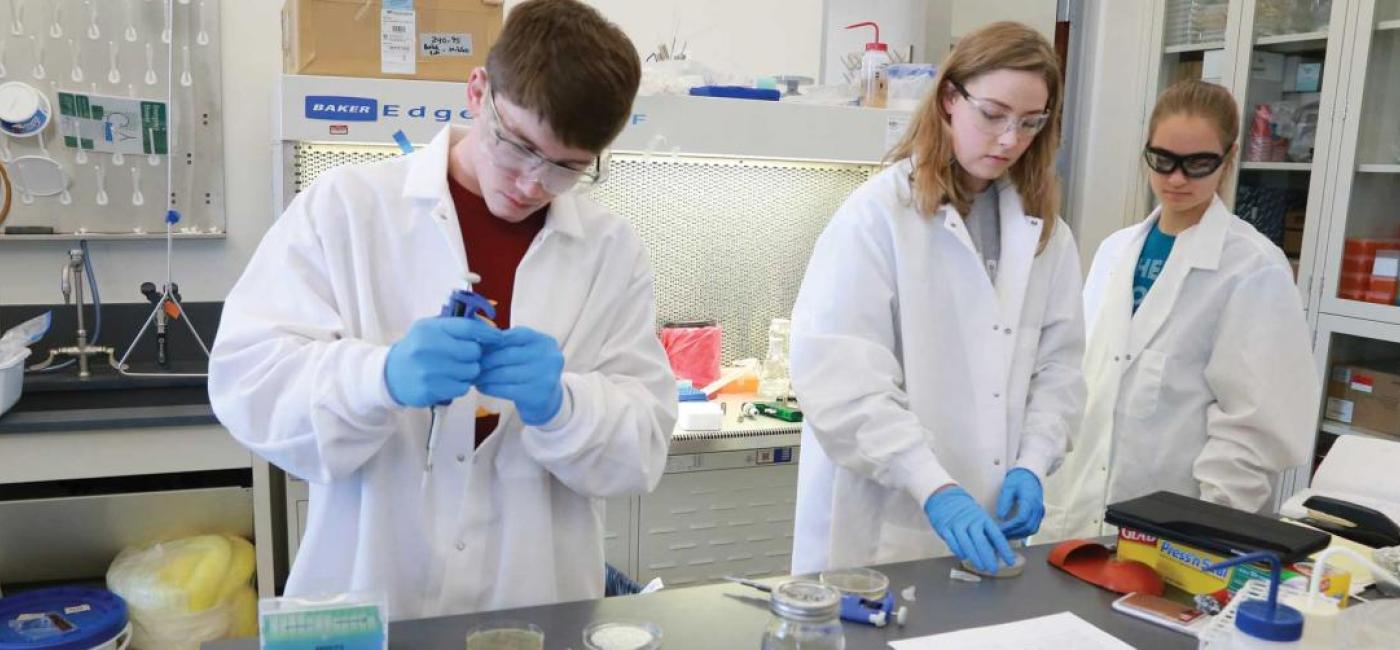 Three students in white coats and blue gloves work in a lab