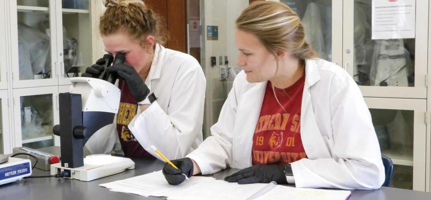 Two Northern students in lab coats working together in front of a microscope and papers