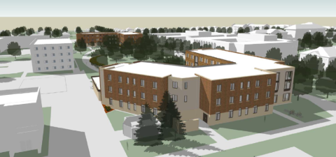 Artist rendering of aerial view of new buildings