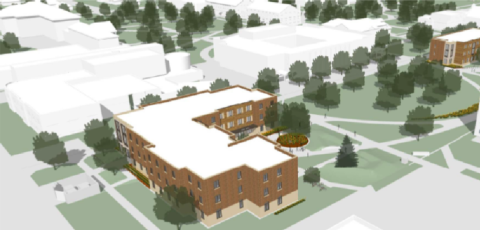 Artist rendering of aerial view of new buildings