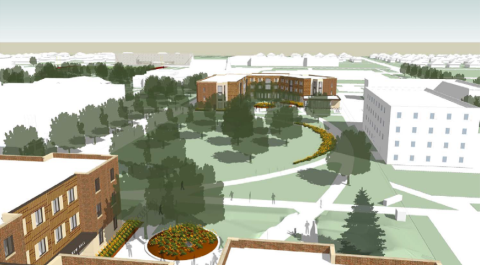 Artist rendering of aerial view of new buildings