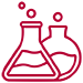 Outline of lab beakers with liquid and bubbles, maroon on white