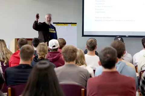 Students listen to a startup and innovation presentation