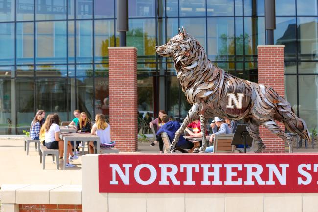 Students sitting behind wolf statue in front of NSU science center