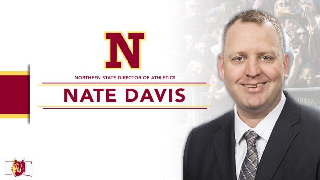 Graphic of new NSU athletic director with photo of Nate Davis