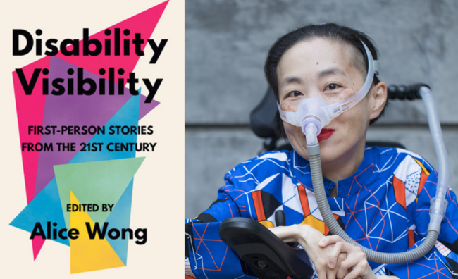 Book cover and a photo of an Asian American woman in a power chair wearing a blue shirt and mask.