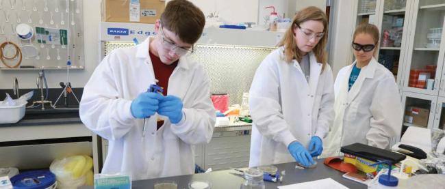 Science students in white coats working in a lab