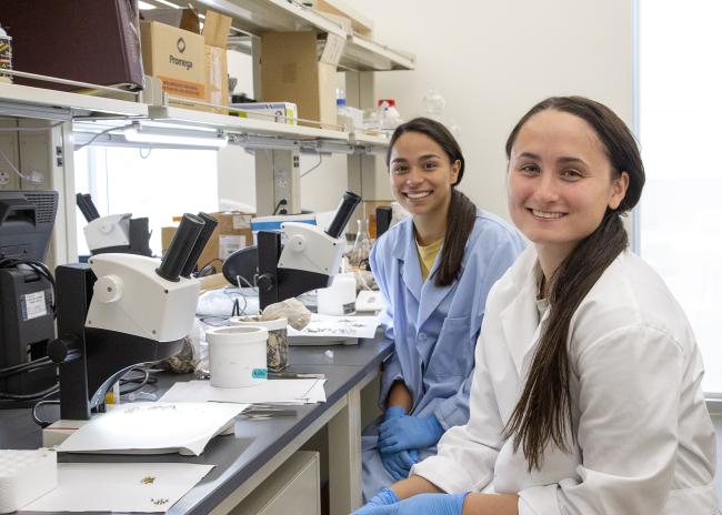 Two female college students in lab coats smiling in front of microscopes
