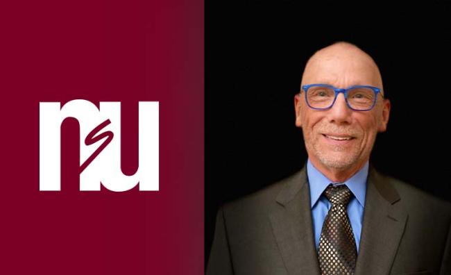 Image of NSU logo next to head shot of businessman