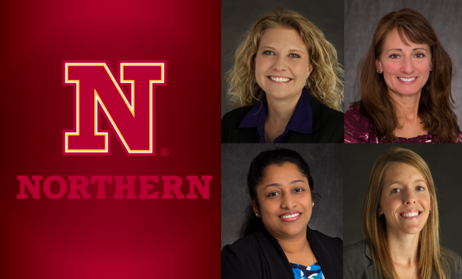 NSU logo next to four faculty portraits: Drs. Kristi Bockorny, Theresa Giannavola, Shalini Mathew and Hannah Walters