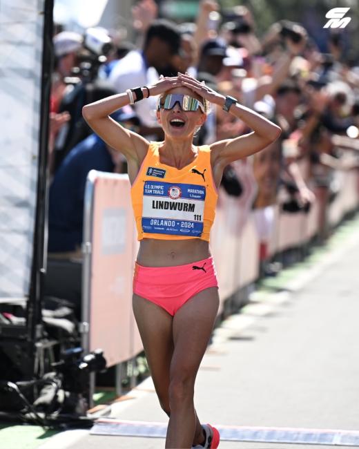 Marathon runner Dakotah Lindwurm crosses the finish line