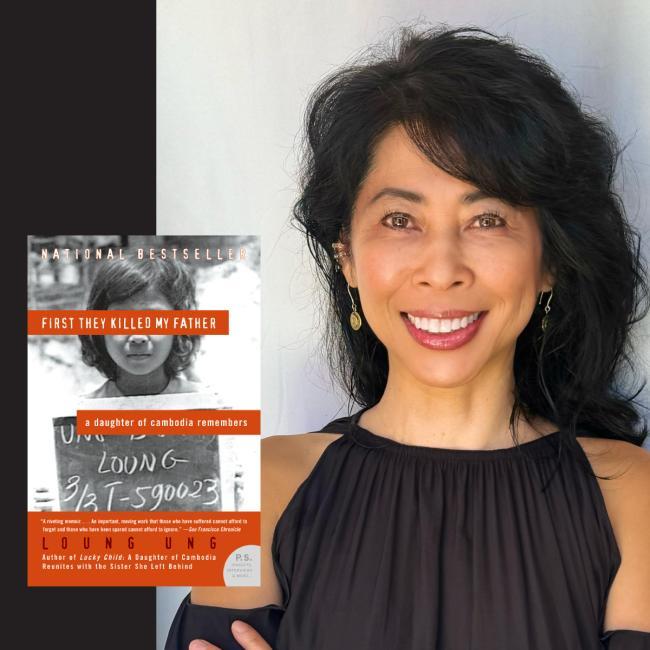 Author Loung Ung with cover of her book titled "First They Killed My Father"