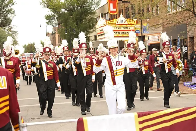 NSU Marching Band marching on Main Street in Aberdeen, SD
